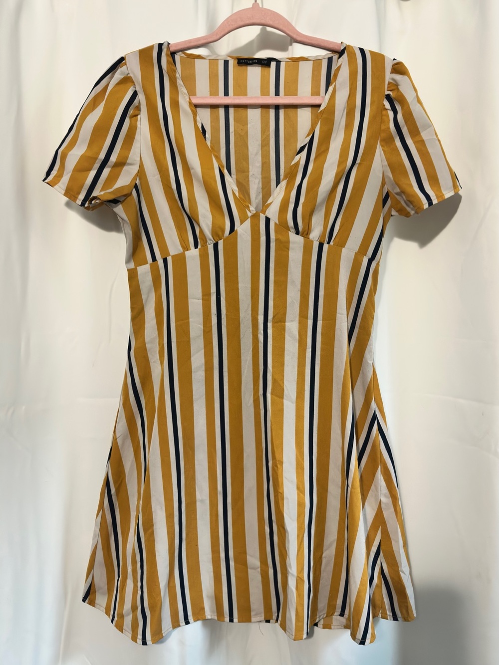 Cotton On Mustard, White & Navy Striped V-Neck Dress